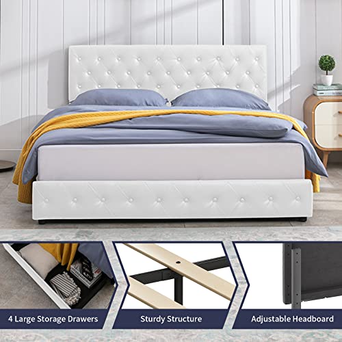 Zafly Upholstered Full Size Bed Frame With 4 Storage Drawers,Pu Leather Platform Full Bed Frame With Button Tufted Adjustable Headboard,Wooden Slats Support,No Box Spring Needed,Easy Assembly,White #TOP2