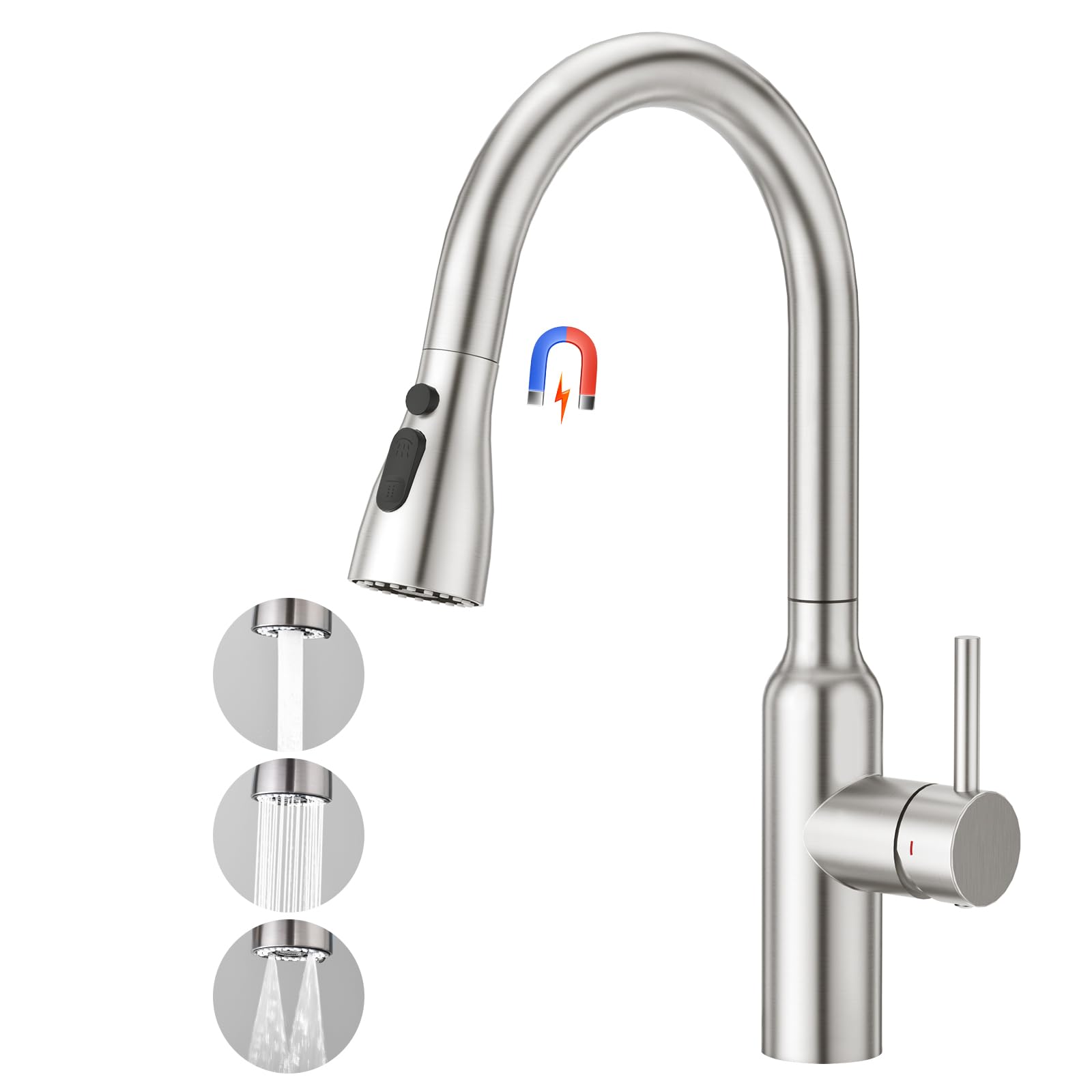 CREA Hoher Bogen Küchenarmatur mit 3 Wasserstrahlarten Brause ausziehbar, Einhebelmischer Hochdruck Armatur Wasserhahn Spültischarmatur Spülenarmatur Küche 360° Drehbar aus Edelstahl gebürstet matt