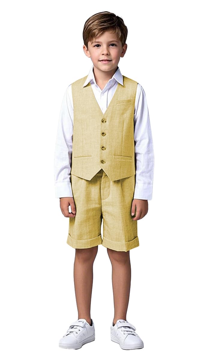 Traje de lino de 2 piezas para niños, chaleco y pantalones cortos, verano, playa, boda, esmoquin, traje formal para portador de anillos, champán, 16 años