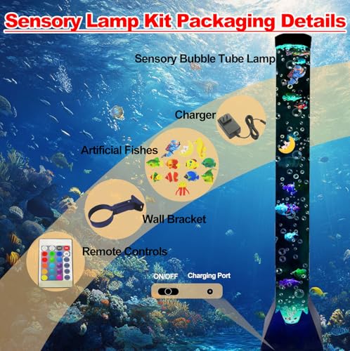 Sensory Bubble Tower Lamp with Bracket: 4 FT Bubble Fish Tube - 20 Color Adjustable 10 Moving Fish - Autism ADHD Friendly Ideal Gifts for Boys Girls