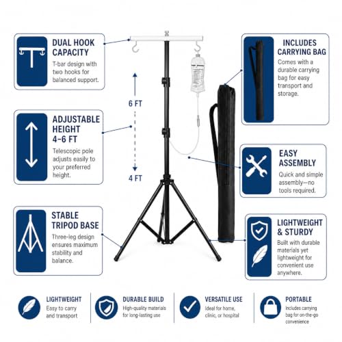 Image of 6ft Adjustable Iron IV Drip Stand with 2 Hook Holder & Carry Bag, Portable Saline Glucose Stand, Hospital IV Pole for Clinic, Home Care, Patient Room & Medical Use