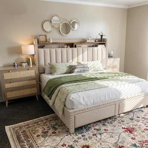 EnHomee Queen Size Bed Frame, Upholstered Queen Bed Frame with 2 Storage Drawers and 2-Tier Headboard, Vertical Tufted Headboard Design, Extra Storage Space for Bedroom Apartment, Beige - Image 5