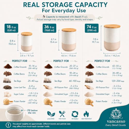 vancasso Sabine Kitchen Canister Set of 3, Ceramic Food Storage Containers with Airtight Wood Lids, Countertop & Pantry Organization for Flour, Sugar, Coffee, Tea & Snacks - Image 5