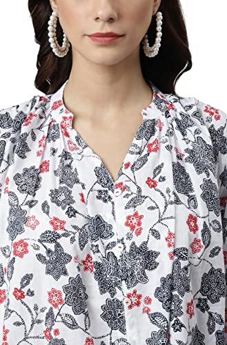 Image of Janasya Women's White Cotton Floral Print Flared Western Dress