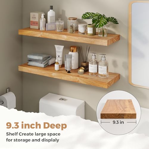 Image of RICHFOCUS Elm Floating Shelves for Wall - 36 inch W x 9.3 inch D Rustic Solid Wood Shelves with Invisible Bracket, Wall-Mounted for Living Room, Bedroom, Kitchen Storage & Display, Set of 2, Natural