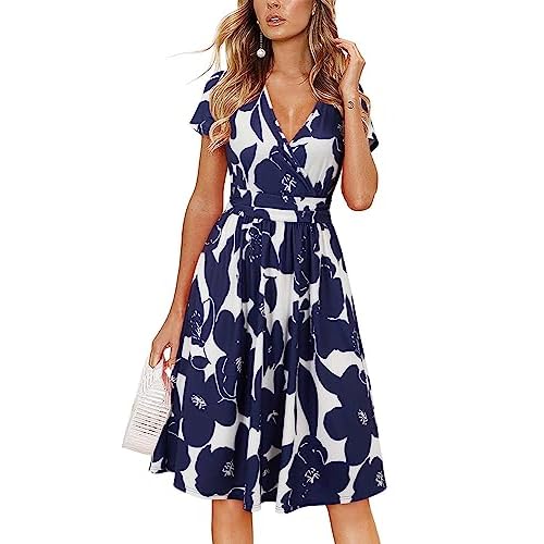 OUGES Women’s Summer Short Sleeve V-Neck Floral Short Party Dress with Pockets