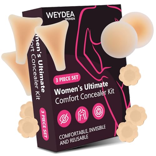 Women’s Front Coverage & Adhesive Covers Kit - Reusable Silicone Inserts (3), Silicone Covers (2 Pairs) & 10 Disposable Covers, Discreet No-Show Under Swimwear & Activewear Nude3