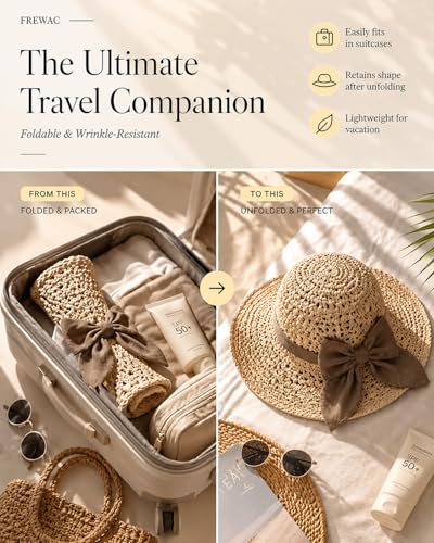 Sombrero femenino de paja tejido con lazo y ala ancha beige miniatura 6