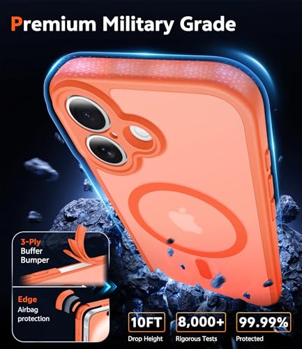 Image of FNTCASE for iPhone 16 Case Matte: Magnetic Phone Cases with Screen Protector Drop Proof Compatible with Magsafe Slim Anti Yellowing Rugged Shockproof Protective Translucent Cell Cover (C-Orange)