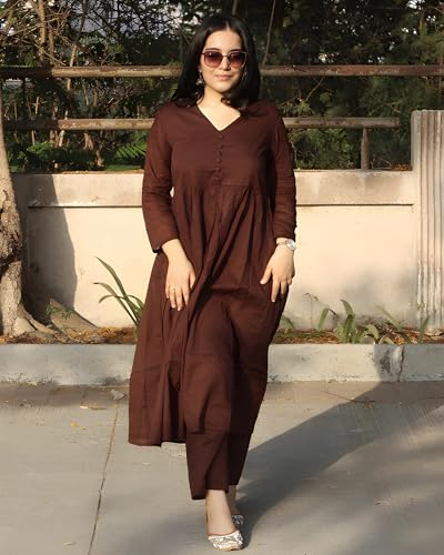 Image of ANILINE Women's V-Neck, Button Front, three-quarter sleeves, Anarkali shape, Empire Waist, Pleated Design Kurta With Pant