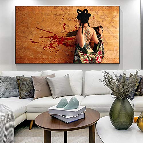 Toile femme tatouée abstraite peinture murale sensuelle, art moderne décoratif 80x160 cm