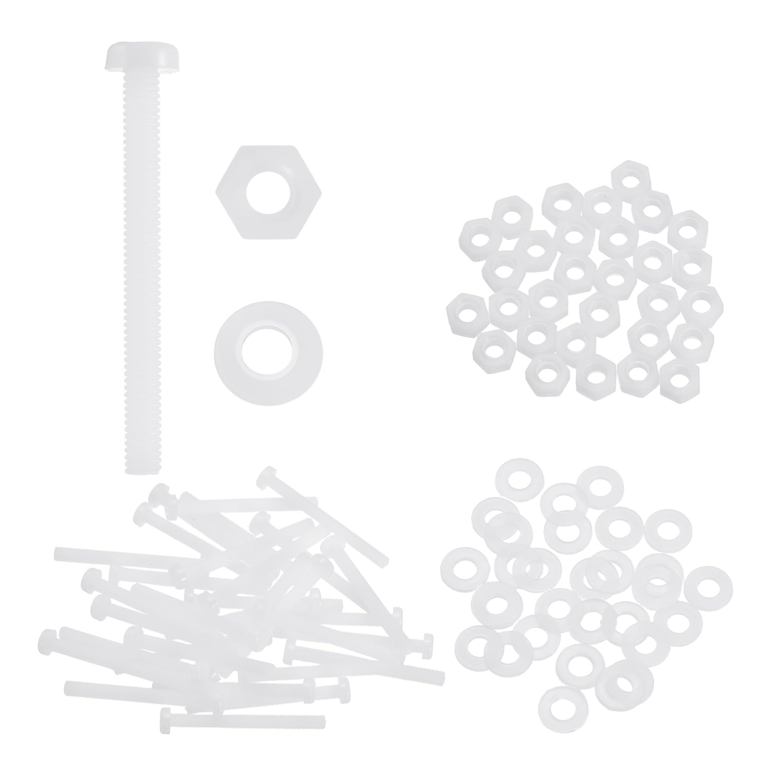 sourcing map 30 Set M4x40mm Nylon PA66 Plastic Cross Round Head Screw Phillips Bolts Hex Nuts Flat Washers Assortment Kit, Metric Full Thread Bolt Fasteners for DIY Machine Assembly, White