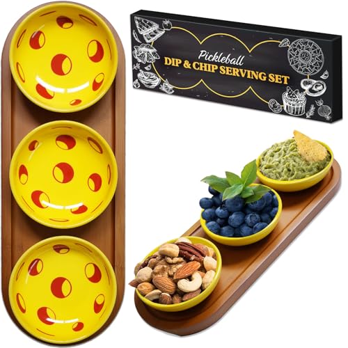 Pickleball Paddle Snack Tray Set, Ceramic Serving Plates with Bamboo Charcuterie Board, Paddle Appetizer Platter for Parties, Unique Pickleball Mothers Day Gifts for Mom