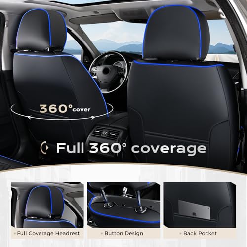 Image of Coverado Full Set Car Seat Covers, Front & Back Luxury Faux Leather Waterproof Seat Covers,Car Seat Protectors, Universal Fit for Most Vehicles-Black & Blue