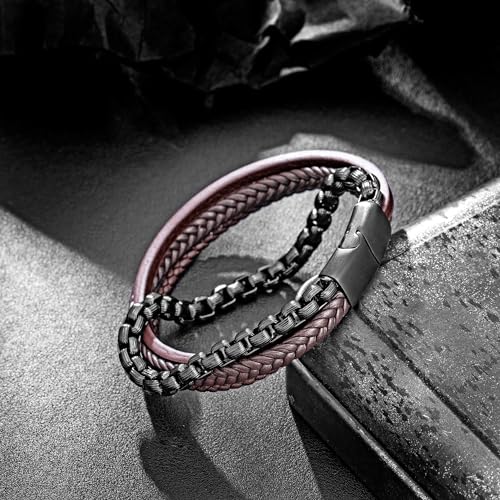 Image of murtoo Mens Bracelet leather and Steel, Stainless Steel Chain and Leather Bracelets for Men