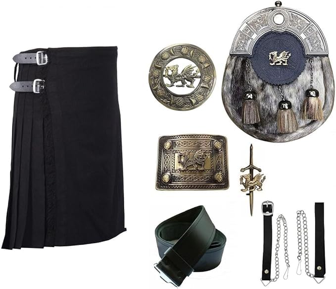 Kilt noir traditionnel à boucle avec broche épingle et ceinture Dragon