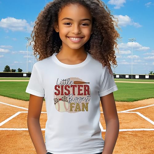 Litte Sister Biggest Fan #1 Kids Shirts, YS-YXL, Girls, Ball with Bow, Glitter Print, Game Day, Great to Wear at The Ballpark3