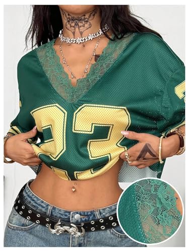Image of RoseSeek Women's Lace Mesh Jersy Shirts V Neck Off Shoulder Crop Tops Tee