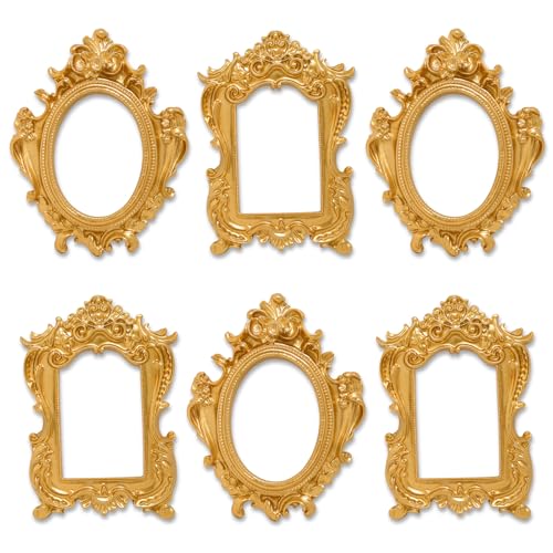 Image of 6 Pcs Mini Vintage Gold Frames, Small Picture Frames Antique Resin Photo Frame for DIY Craft Galley Wall Hanging Jewelry Display Shooting Photo Props Christmas Decor (Without Backings)
