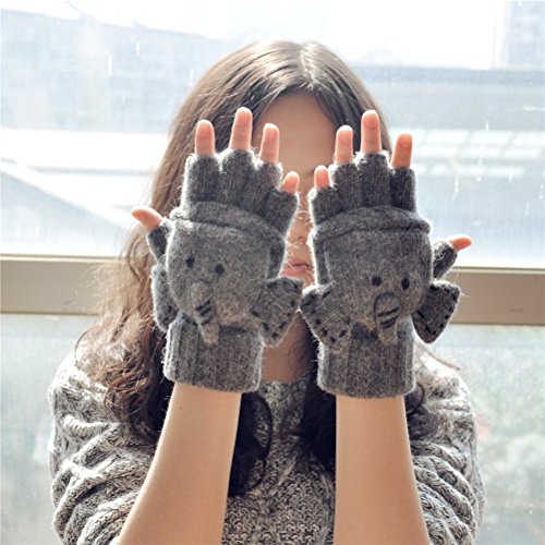 YAN & LEI Elephant Knitted Gloves for Women, One Size, Gray