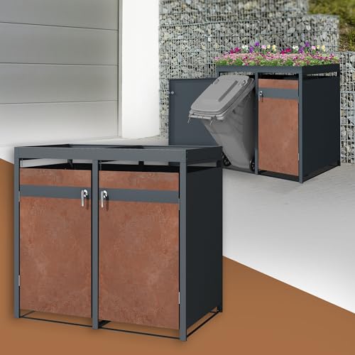 ML-Design Box Double pour 2 Poubelles avec Toit Végétal, jusqu'à 240L, 132x80x124 cm, Acier/Acier Corten, Anthracite/Aspect Rouillé, Résistant aux Intempéries, Habillage Verrouillable, Conteneur Abri