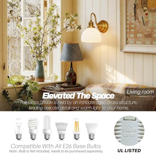 Image of Brass Gold Wall Sconce Vintage Milk Glass Bathroom Vanity Light | Bathroom Wall Sconces,Antique Brass,Thick Half-Round Glass Shade,Hardwired,E26 Base,for Bathroom Mirror Hallway Kitchen