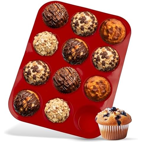 HOTPOP Silicone Muffin Mold for on Top of Baking Sheet, 12 Muffins (Red) - Muffin Pans Nonstick 12 Spots, Silicone Muffin Pans for Baking, Muffin Tray, Silicone Cupcake Molds, Cupcake Baking Pan Cover