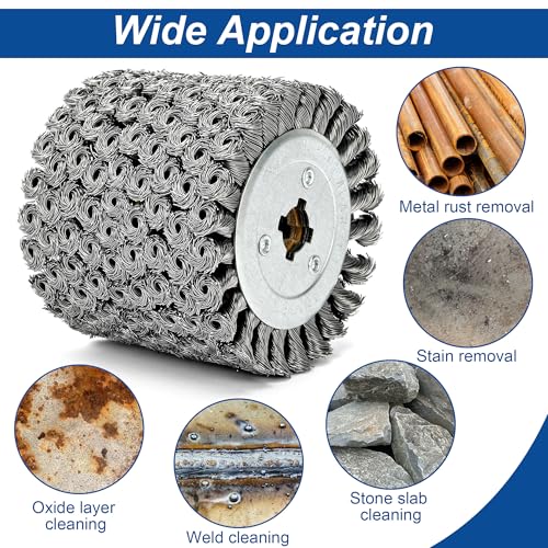 Image of 4.7 inch x 4 inch Twisted Steel Wire Wheel, 0.02 inch Coarse Knotted Wire Brush, Drum Surface Conditioning Tool, Stainless Steel Wire Brush for Metal Removing Rust Wood Grain Restoration - 3 /4 Quad Keyway