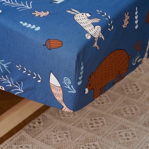 Image of Wellboo Blue Bear Toddler Bedding Sets for Girls Boys Cute Cartoon 4 Pieces Soft Crib Bed Set Including Comforter, Sheets and Pillowcase Kids Fox Theme Woodland Forest Quilt