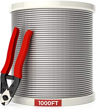 NUTYPE 1/8" T316 Stainless Steel Cable, Aircraft Cable for Deck Railing, 7x7 Strand Core, 1000FT, Come with Cutter