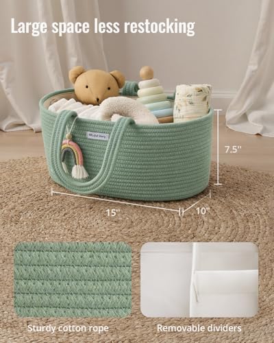 Image of Blissful Diary Baby Diaper Caddy Organizer, Cotton Rope Diaper Caddy Basket, Oval Storage Basket, Gift for Baby Shower, Newborn Essentials, Green