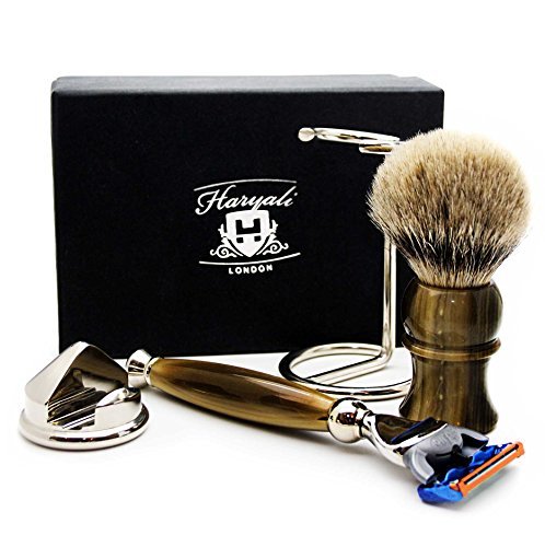 4 Pc Mens Shaving Kit 5 Edge Razor With Silver Tip Badger Hair Shaving Brush, Stainless Steel Razor Stand and Brush Stand Perfect Set For Men