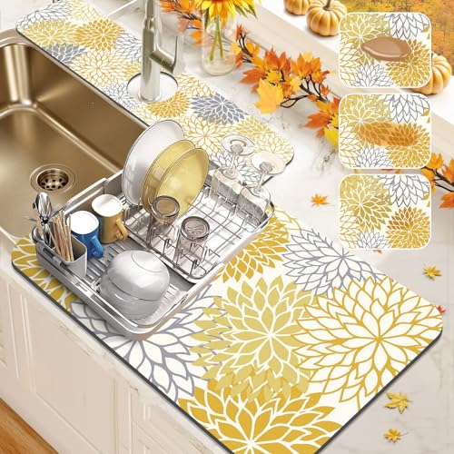 Findosom 2PCS 12' x 20' Fall Dish Drying Mat & 24' x 5.5' Sink Splash Guard, Super Absorbent & Cuttable Dish Mat Drying Kitchen Mat with Yellow Floral, Hide Stain Drying Mat for Kitchen Counter