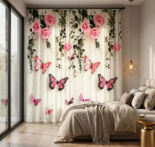 Image of Digital Printed Curtain with Pink Rose and Butterfly Design, 7 Feet, Grommet Top, White (2, Pink Butterfly, 7 Feet)