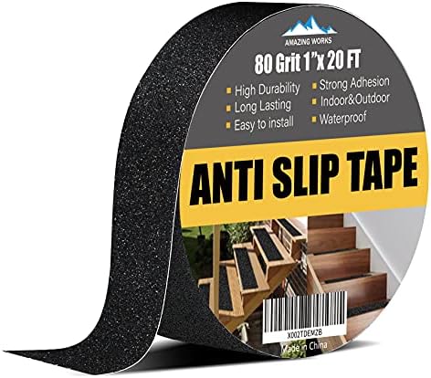 Grip Tape - Heavy Duty Anti Slip Tape 80 Grit Non Slip for Stairs Outdoor/Indoor, Waterproof High Traction Stairs Non Skid Treads, Durable Triple Layer Adhesive - Black (1 Inch x 20 Feet)