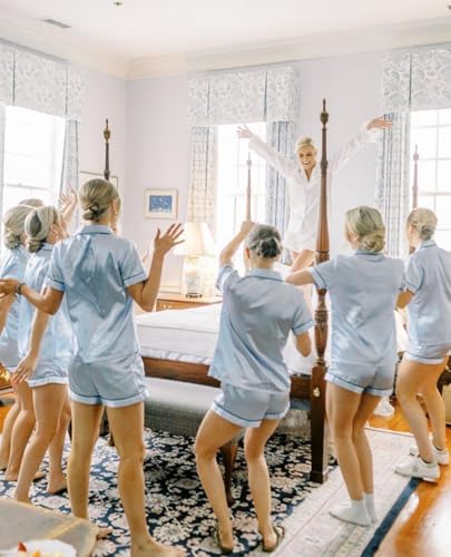 Samring Button Down Pajamas Women Silk Satin Pajama Set Summer Short Sleeve 2 Pieces Pjs Shorts Sets with Pocket Light Blue L — view 2