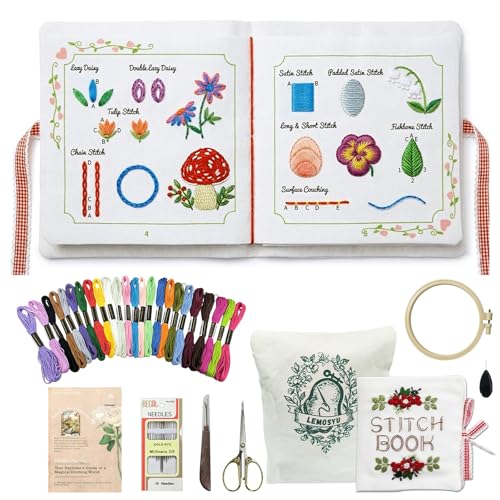 Lemosyu Embroidery Stitch Book Kit for Beginners Structured Learning with 57 Essential Stitches & 132 Patterns - Step-by-Step and Video Portable Embroidery Kit for Adults & DIY Craft Lovers Gift