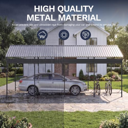 Image of Greesum 12x20FT Heavy Duty Metal Carport with Side Support Rods, Gray