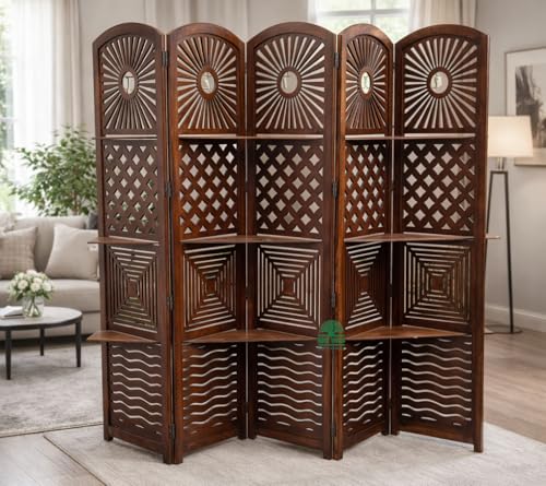 Image of Wooden Room Divider 6 Feet, 5-Panel Folding Wooden Partition for Living Room, Office, Pooja Room, Restaurant, Kitchen & Balcony