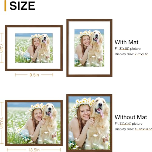 decorUhome 11x14 Picture Frame Set of 10, Display Photos 8x10 with Mat or 11x14 Unmatted for Picture Frames Collage Wall Decor, Brown