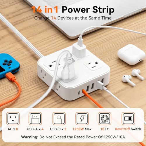 Protector Eléctrico HLCZLUZ con 14 Tomas, 6 USB, Cable de 3.05 m y Protección contra Sobretensión miniatura 2