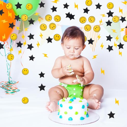 Image of Whaline 300Pcs One Happy Dude Table Confetti Smile Face Lightning Star Shaped Confetti Yellow Black Table Centerpiece for First Birthday Party Decoration