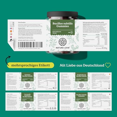 NATURE LOVE® Bacillus Subtilis Gummies - 100 Stück - Mikrobe des Jahres 2023 - aus natürlichen Fruchtsaftkonzentraten - 96,5% Fruchtanteil - 3 Mrd. KbE pro Tagesdosis - vegan, laborgeprüft