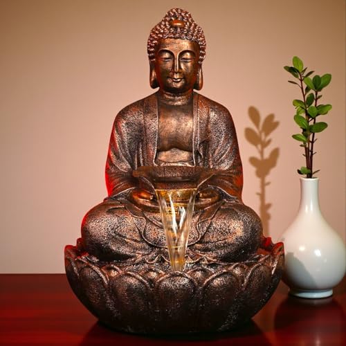 Image of 3 Feet Kamal Buddha Water Fountain for Home & Garden|Fiber Buddha Fountain with LED Light|Indoor Outdoor Fountain for Vastu & Positivity (Copper, 3 Feet Kamal Buddha Fountain)