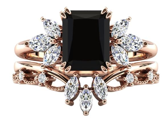 Vintage Black 1 CT Onyx Engagement Ring Set 2 Piece Black Onyx Bridal Ring Set Women Art Deco Unique Emerald Cut Black Onyx Wedding Ring Set Vintage Antique Anniversary Promise Ring Set