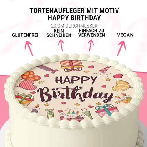 J&M DECO Tortenaufleger Happy Birthday – essbare Kuchendeko Ø 20 cm – bunte Tortendekoration für Geburtstagstorte – Zuckerpapier Tortenbild – gebrauchsfertig – Made in EU