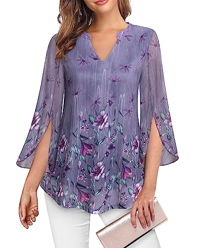 VALOLIA Women's 3/4 Sleeve Floral Tunic Tops V Neck Double Layers Loose Fit Mesh Blouses Shirt2