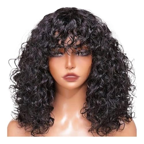 JIANBOHAIRS Peluca corta y rizada con flequillo, pelo humano para mujer, ondulado de agua, rizado, sin pegamento, densidad 150 para cabello adelgazante (negro natural, 14 pulgadas)