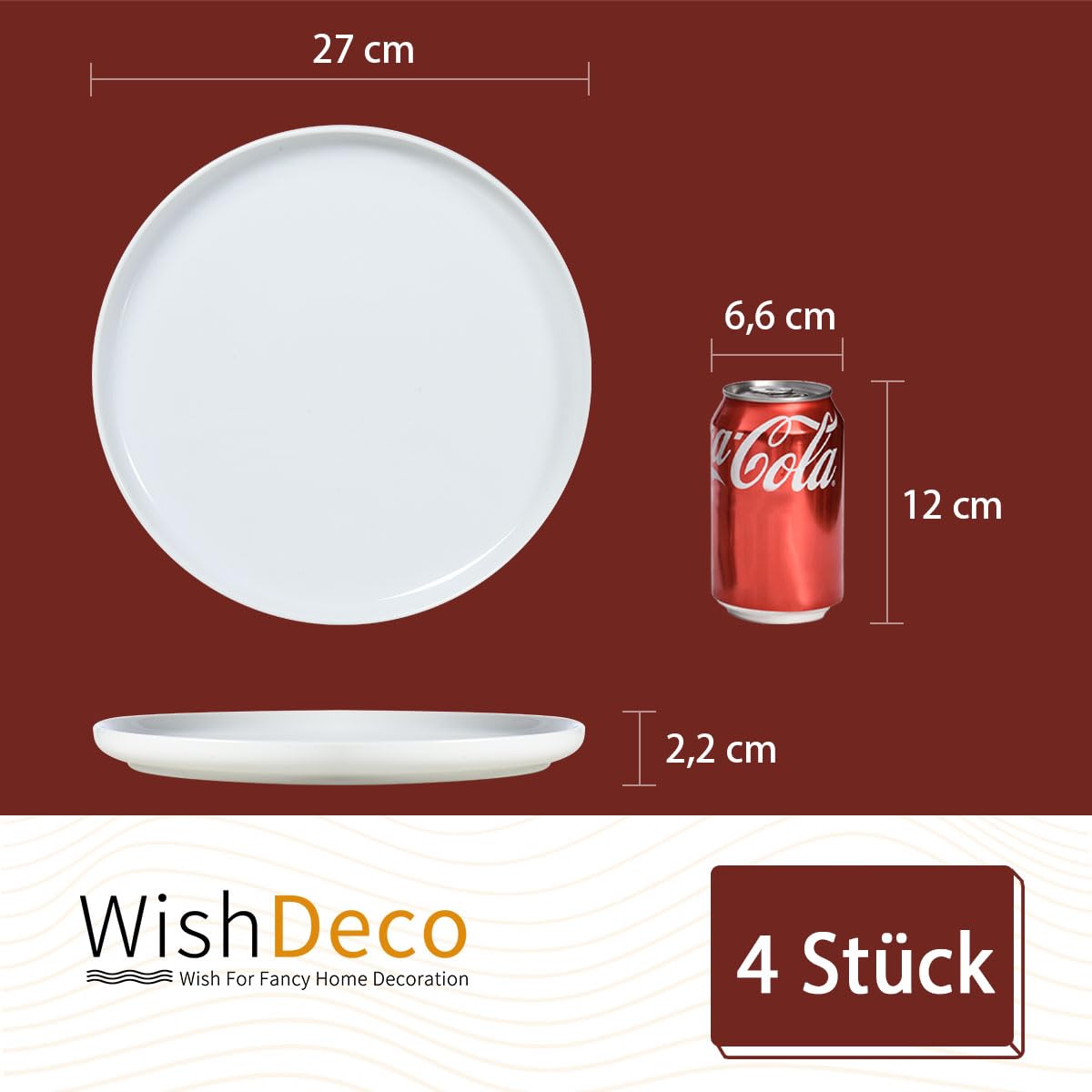 WishDeco Set di 4 Piatti Piani, Piatti Pizza Ceramica 27 cm, Piatto Moderni Bianchi, Piatto da Portata Grande, Servizio Plate Rotondi per Insalata, Pasta, Bistecca, Panino