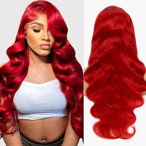 ELFSECRET 28 Inch Red Lace Front Wigs Human Hair Pre Plucked 13x6 Hd Transparent Lace Frontal Body Wave Wig for Black Women 180% Density Wear and Go Glueless Burgundy Red Colored Wig with Baby Hair